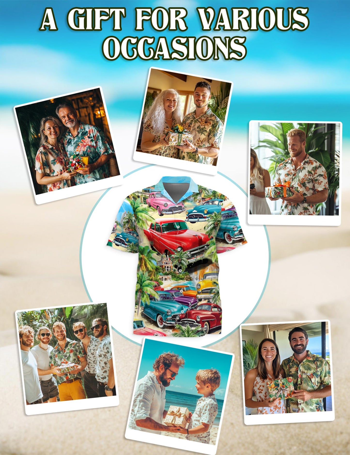 Netecom Classic Cars Hawaiian Shirt for Men, Tropical Style, Button Down Summer Beach Short Sleeve, S-5XL
