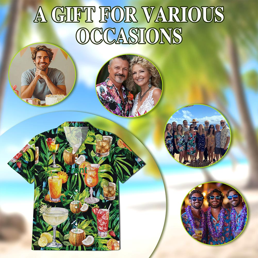 Netecom Cocktail And Fruit Hawaiian Shirt for Men, Hello Summer Tropical Button Down Beach Short Sleeve Shirts, Sizes S-5XL
