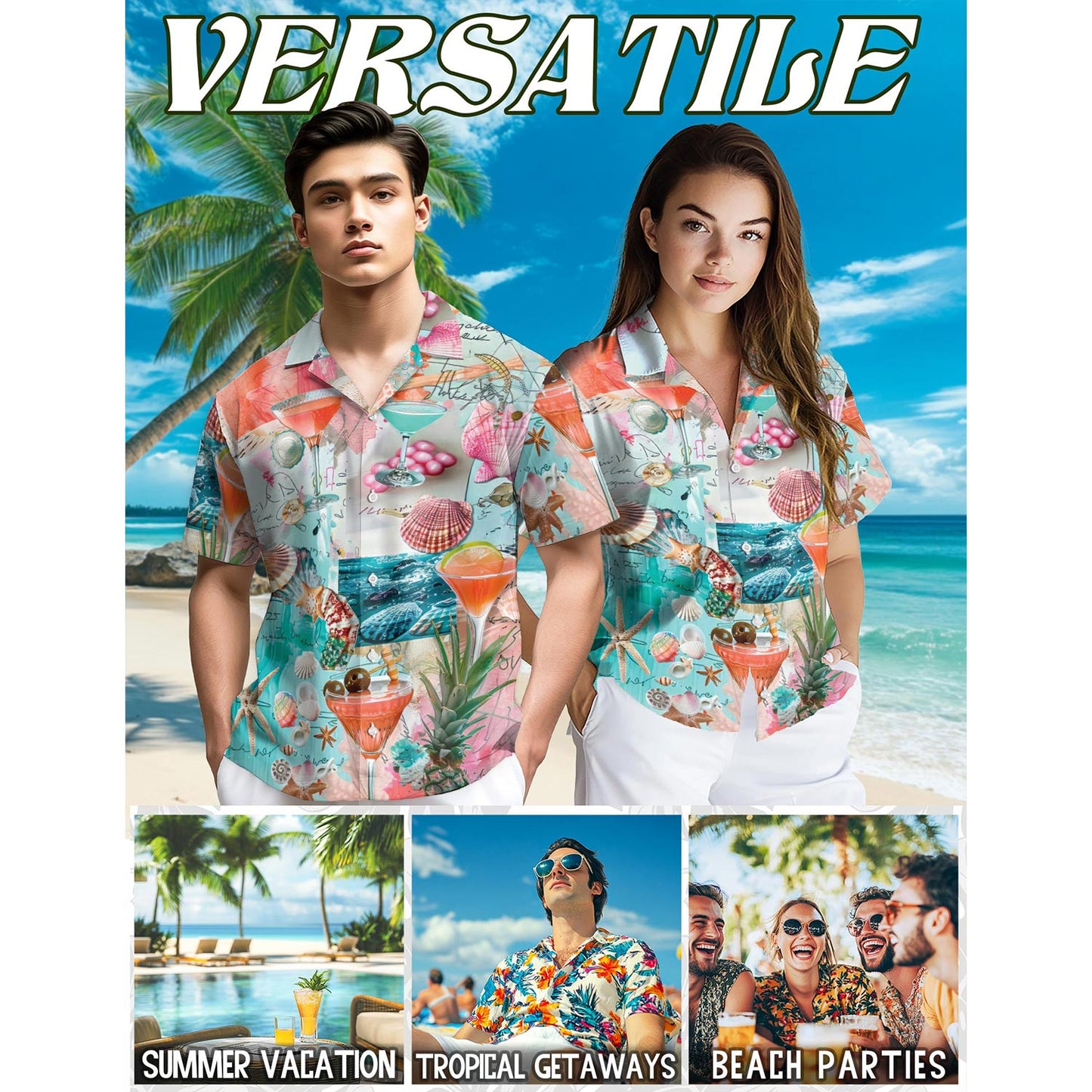Netecom Coctail Summer Hawaiian Shirt for Men, Fun & Relaxed Style, Button Down Summer Beach Short Sleeve, S-5XL