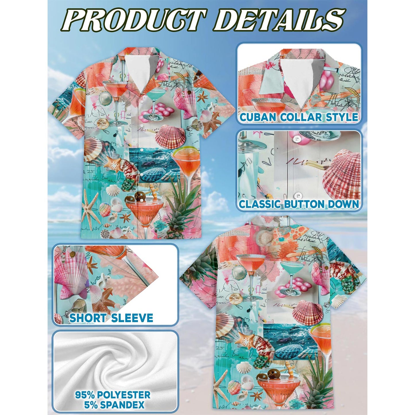 Netecom Coctail Summer Hawaiian Shirt for Men, Fun & Relaxed Style, Button Down Summer Beach Short Sleeve, S-5XL