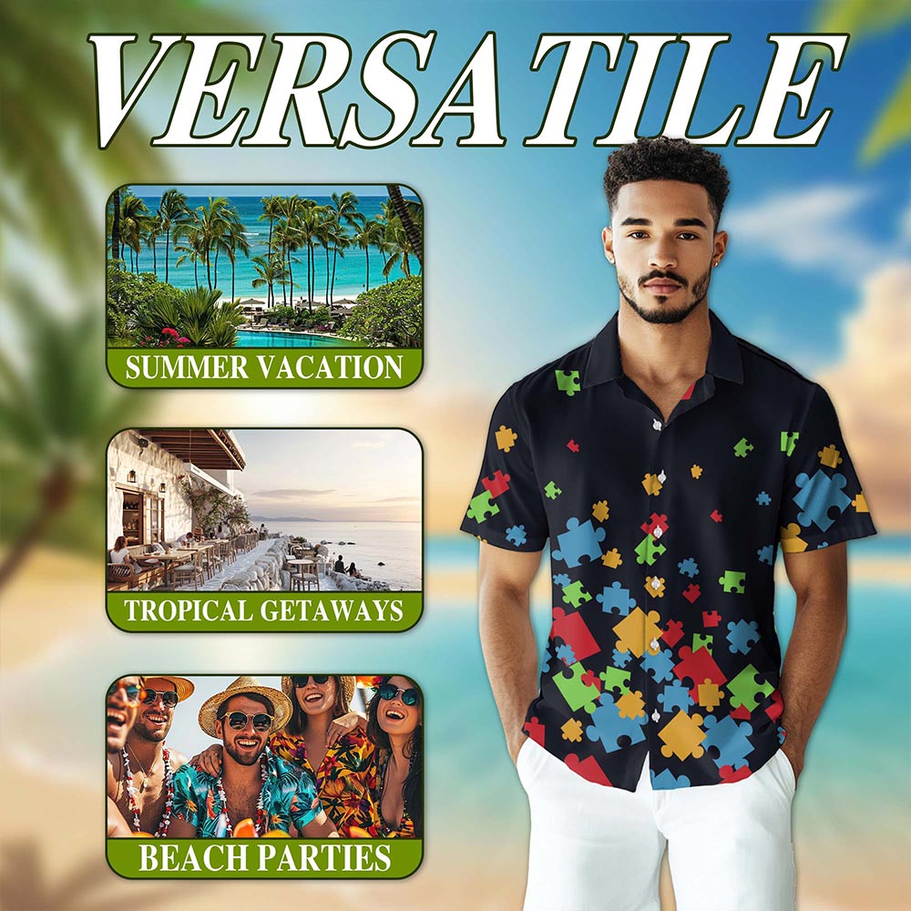 Netecom Colorful Autism Awareness Hawaiian Shirt for Men, Button Down Summer Beach Short Sleeve, S-5XL