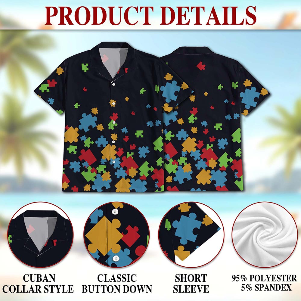 Netecom Colorful Autism Awareness Hawaiian Shirt for Men, Button Down Summer Beach Short Sleeve, S-5XL