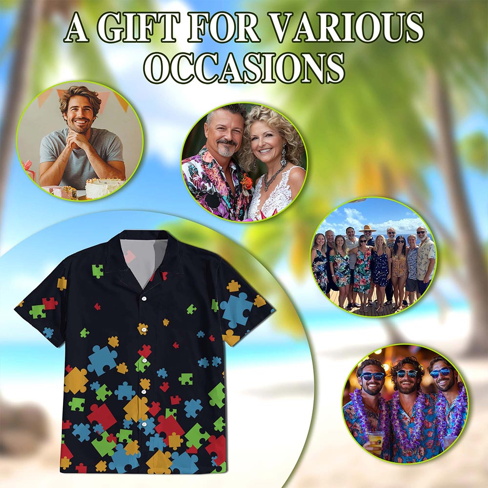 Netecom Colorful Autism Awareness Hawaiian Shirt for Men, Button Down Summer Beach Short Sleeve, S-5XL