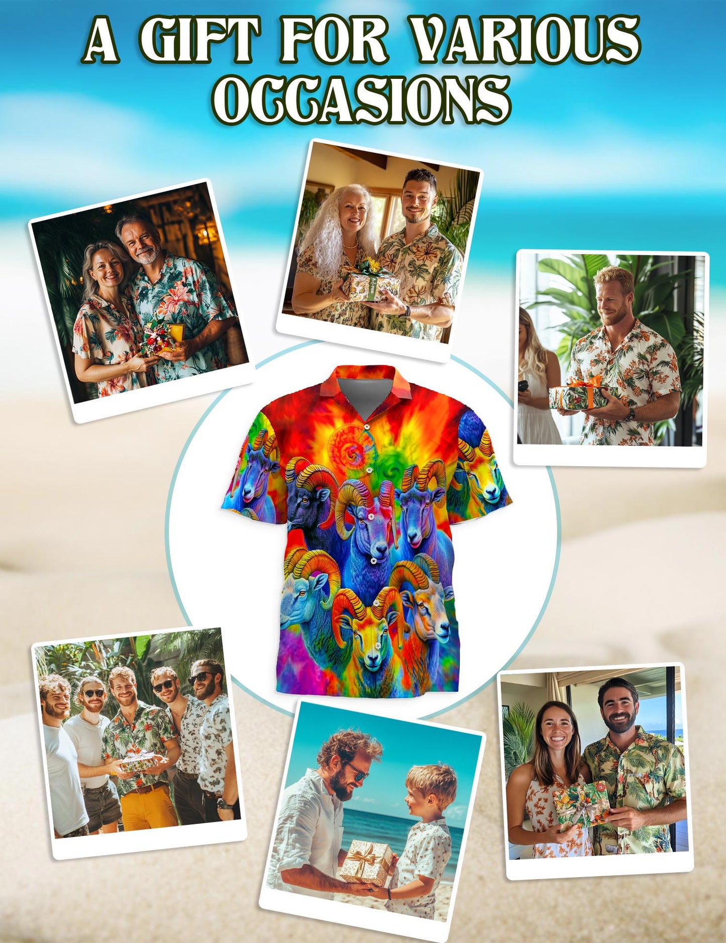 Netecom Colorful Bighorn Sheep Hawaiian Shirt for Men, Button Down Summer Beach Short Sleeve, S-5XL
