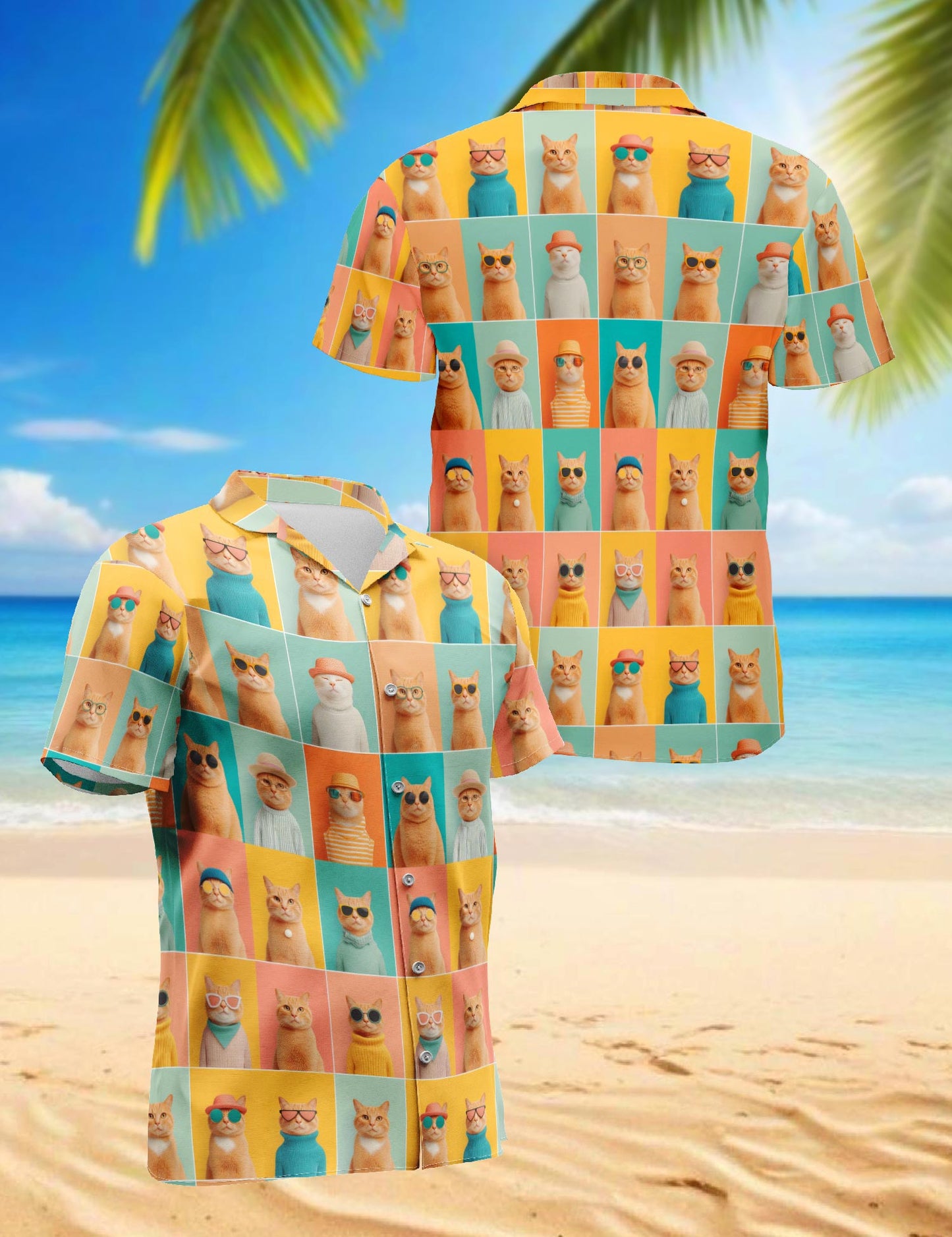 Netecom Colorful Cat Pattern Hawaiian Shirt for Men, Retro Style, Button Down Summer Beach Short Sleeve, S-5XL