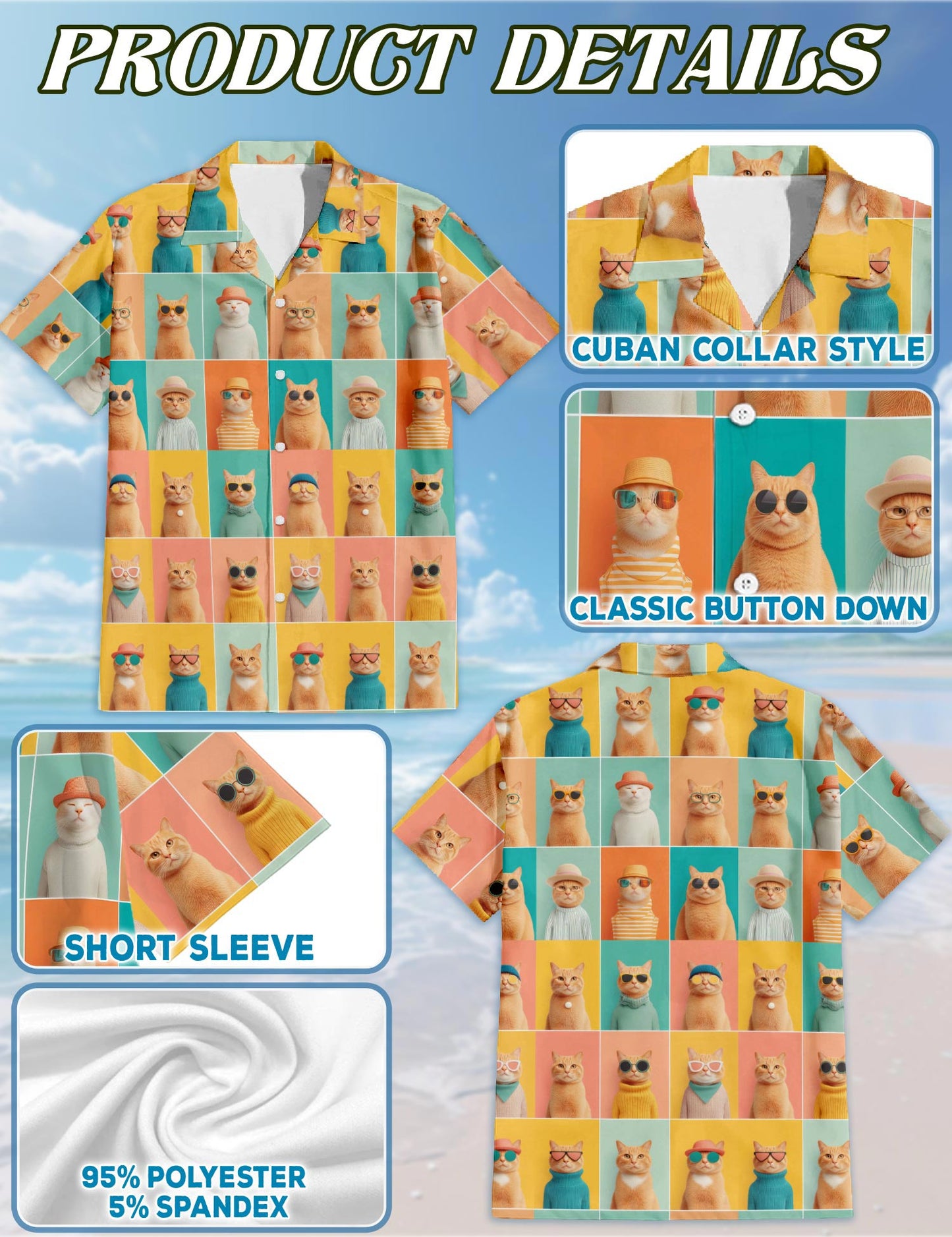 Netecom Colorful Cat Pattern Hawaiian Shirt for Men, Retro Style, Button Down Summer Beach Short Sleeve, S-5XL