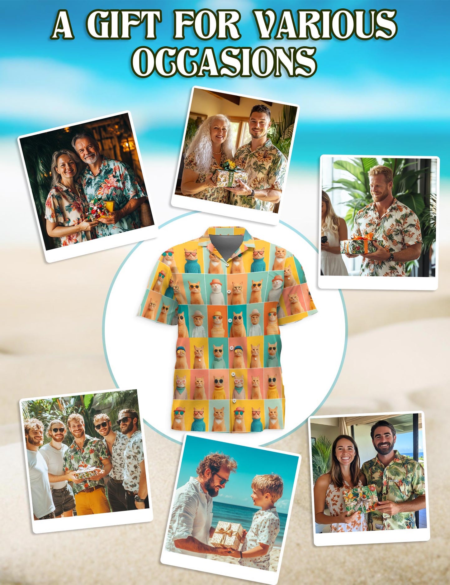 Netecom Colorful Cat Pattern Hawaiian Shirt for Men, Retro Style, Button Down Summer Beach Short Sleeve, S-5XL