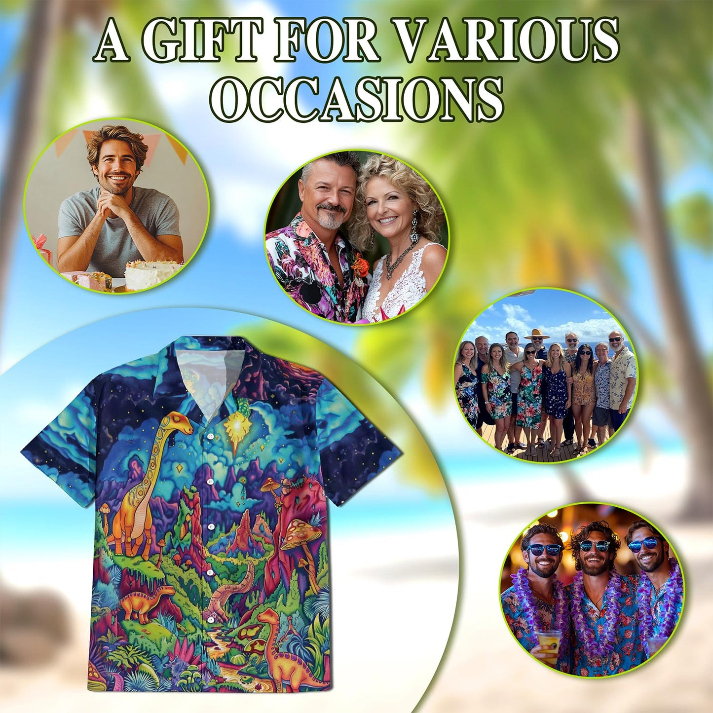 Netecom Colorful Dinosaurs Hawaiian Shirt for Men, Button Down Summer Beach Short Sleeve, Dinosaur Lover Gifts, S-5XL