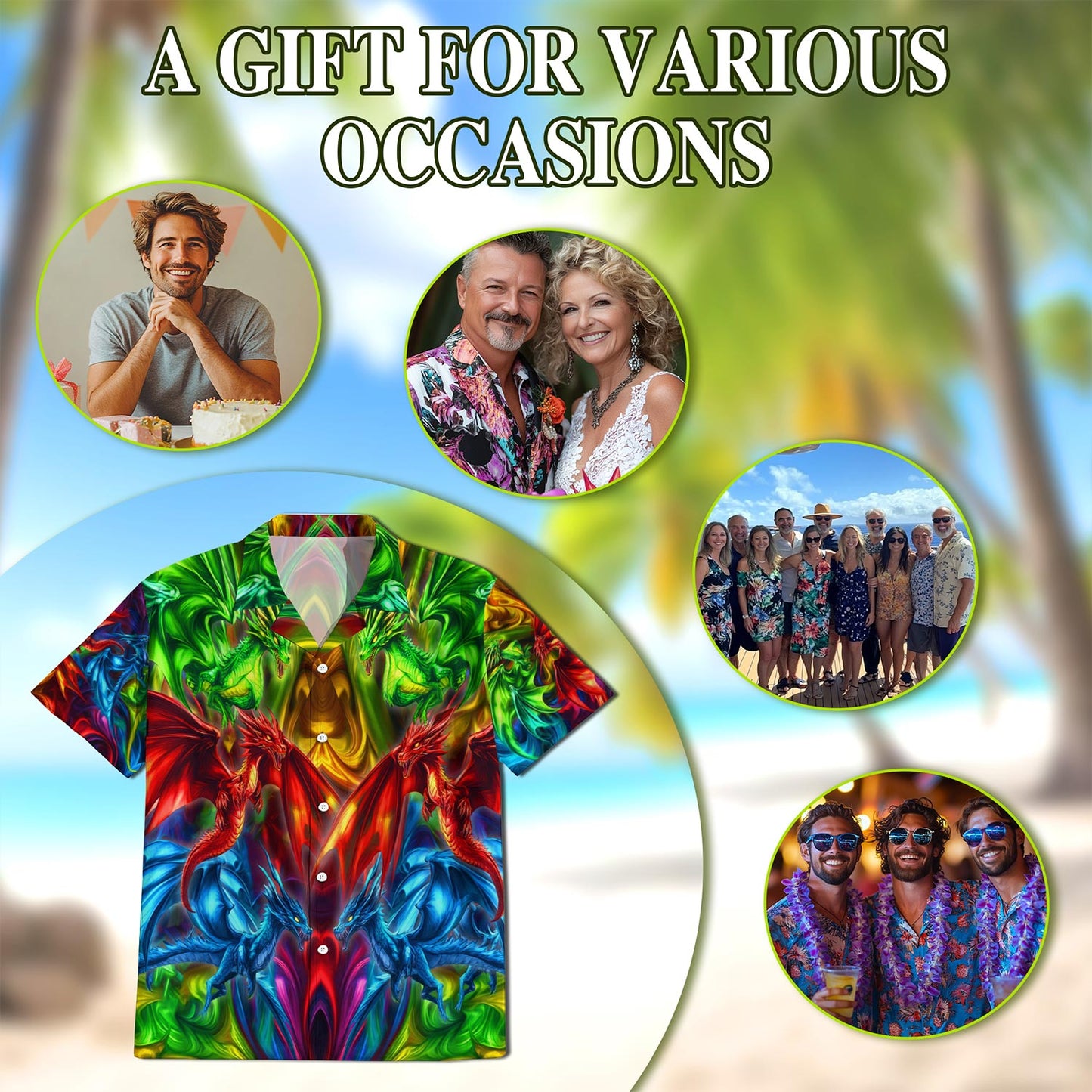 Netecom Colorful Dragon Hawaiian Shirt for Men, Dragon Lover Gift, Button Down Summer Beach Short Sleeve, S-5XL