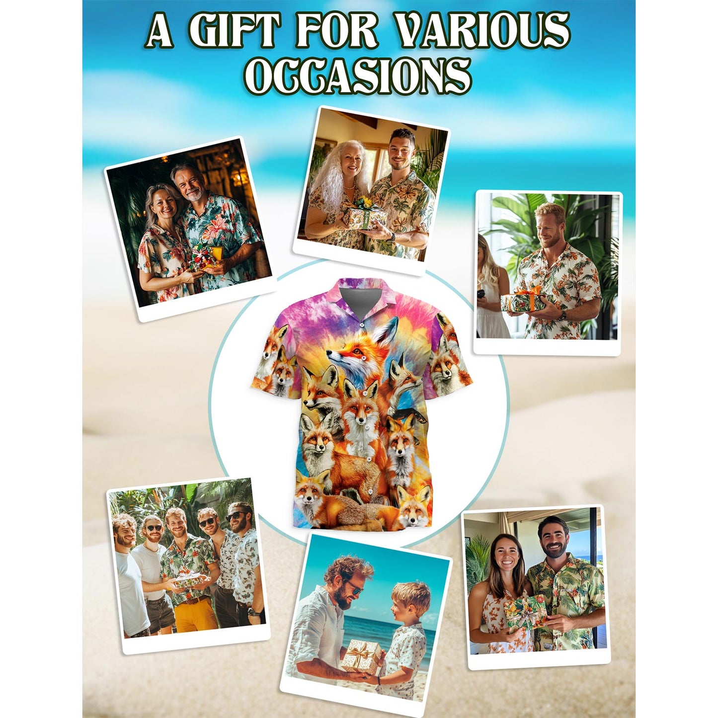 Netecom Colorful Fox Hawaiian Shirt for Men, Button Down Summer Beach Short Sleeve, Sizes S-5XL