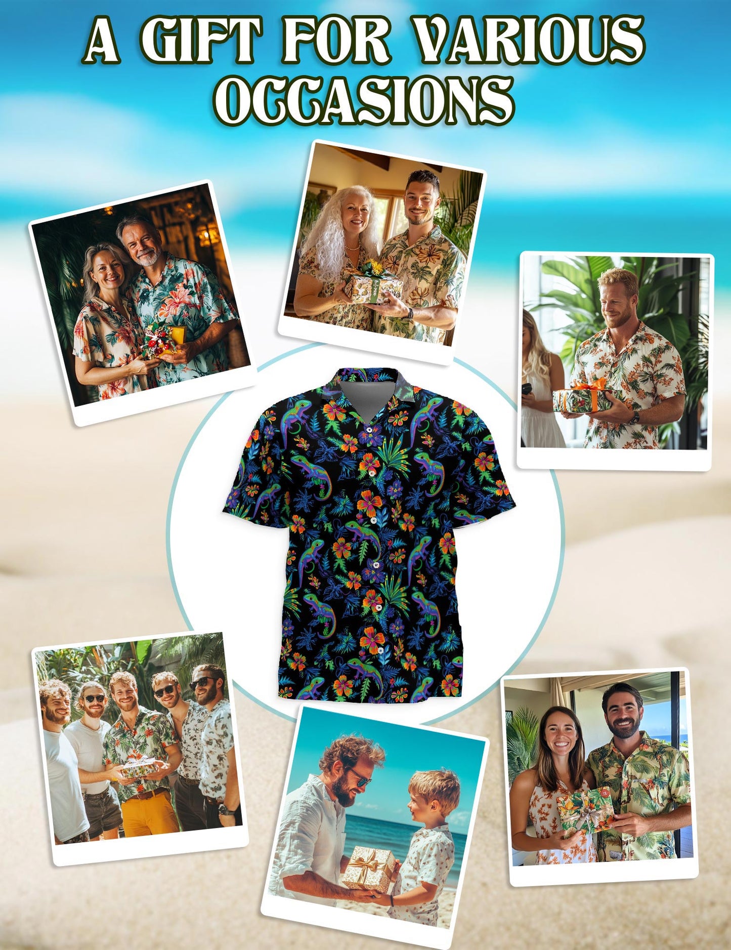 Netecom Colorful Gecko Hawaiian Shirt for Men, Tropical Style, Button Down Summer Beach Short Sleeve, Sizes S-5XL