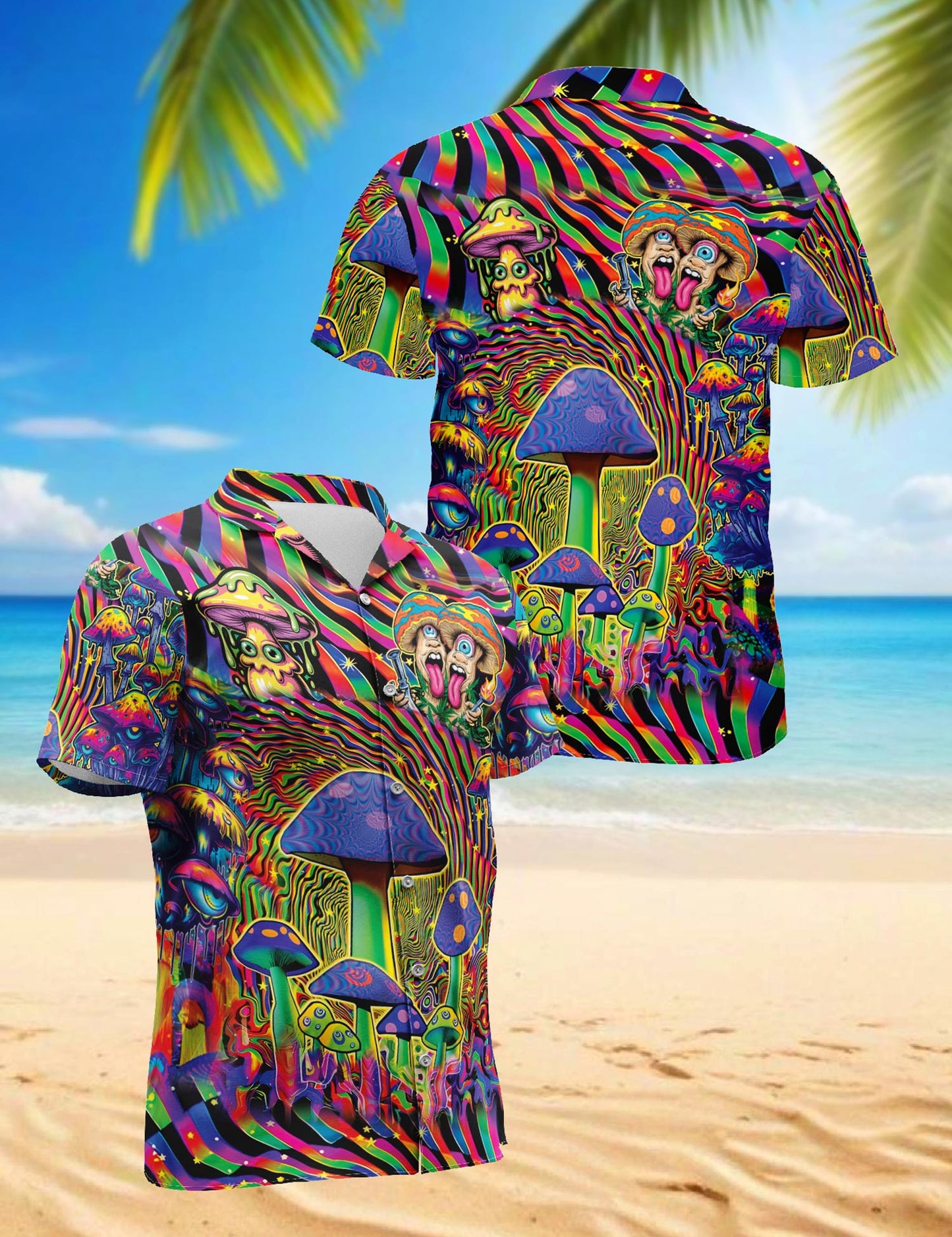 Netecom Colorful Hippie Mushroom Hawaiian Shirt for Men, Vintage Style Button Down Summer Beach Short Sleeve Shirts, S-5XL