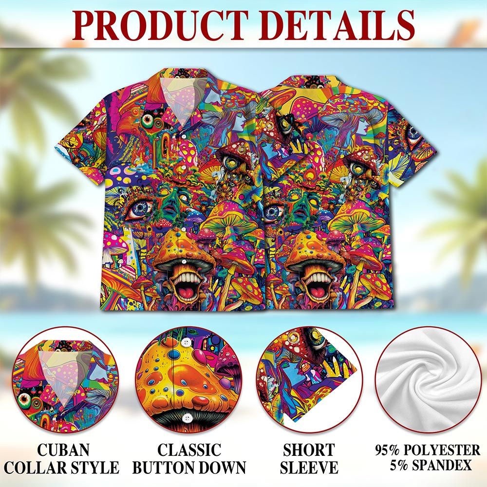 Netecom Colorful Hippie Mushroom Hawaiian Shirt for Men, Button Down Summer Beach Short Sleeve, S-5XL