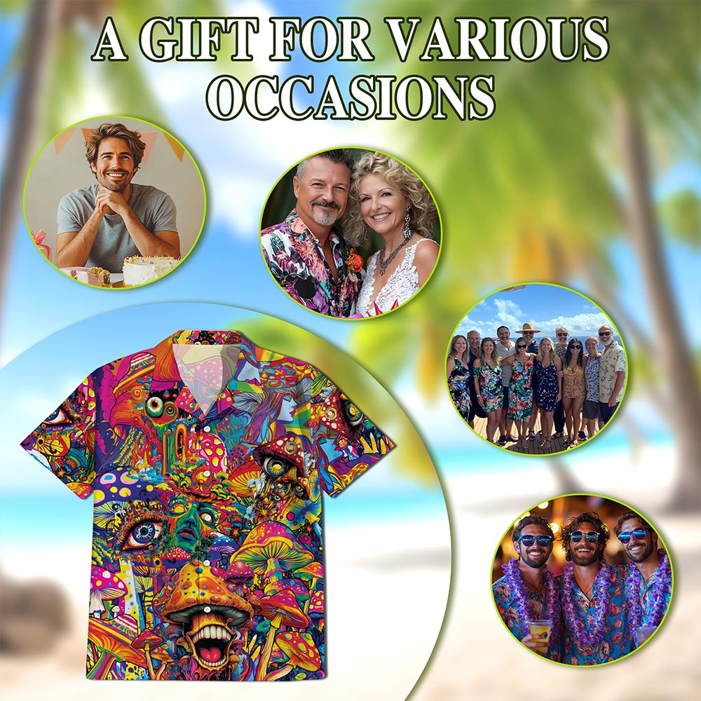 Netecom Colorful Hippie Mushroom Hawaiian Shirt for Men, Button Down Summer Beach Short Sleeve, S-5XL