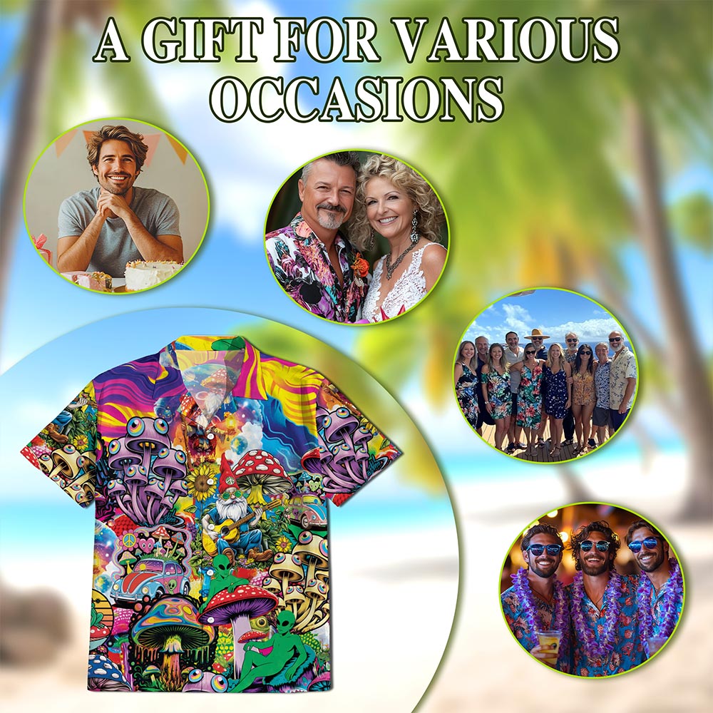 Netecom Colorful Hippie Mushroom Hawaiian Shirt for Men, Mushroom Lover Gifts, Fungi Button Down Summer Beach Shirts, S-5XL
