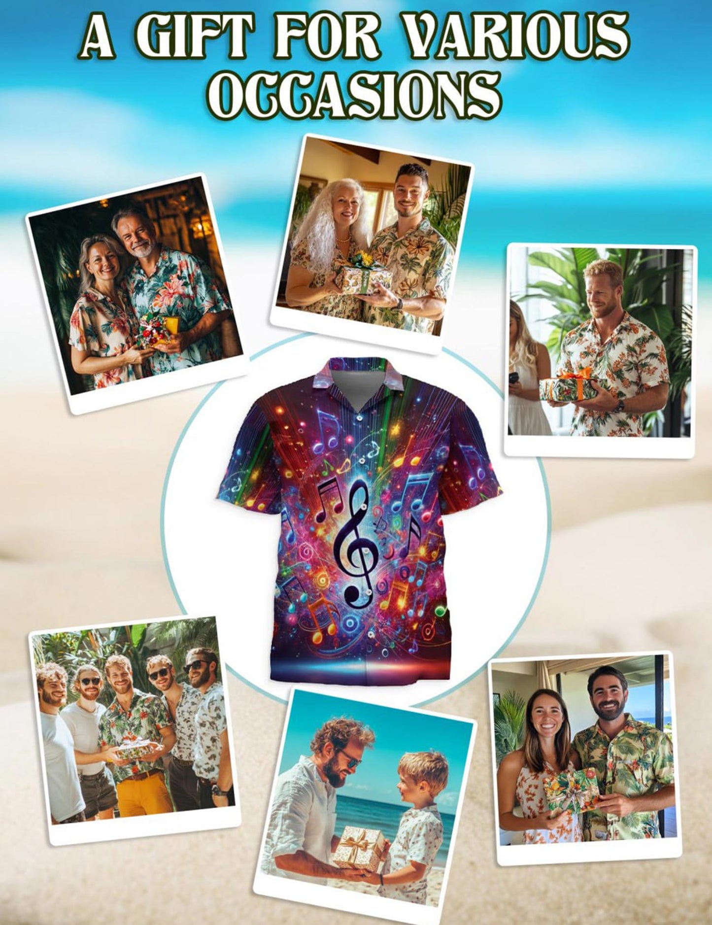 Netecom Colorful Music Notes Hawaiian Shirt for Men, Musician Gifts, Button Down Summer Beach Short Sleeve, S-5XL
