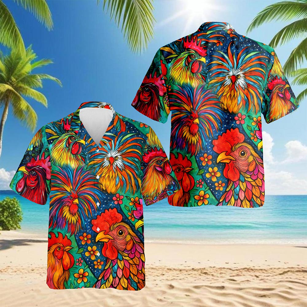Netecom Colorful Rooster Hawaiian Shirt for Men, Button Down Summer Beach Short Sleeve, S-5XL