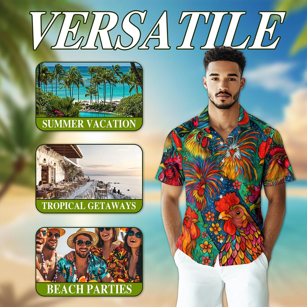 Netecom Colorful Rooster Hawaiian Shirt for Men, Button Down Summer Beach Short Sleeve, S-5XL