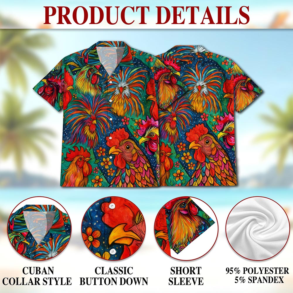 Netecom Colorful Rooster Hawaiian Shirt for Men, Button Down Summer Beach Short Sleeve, S-5XL