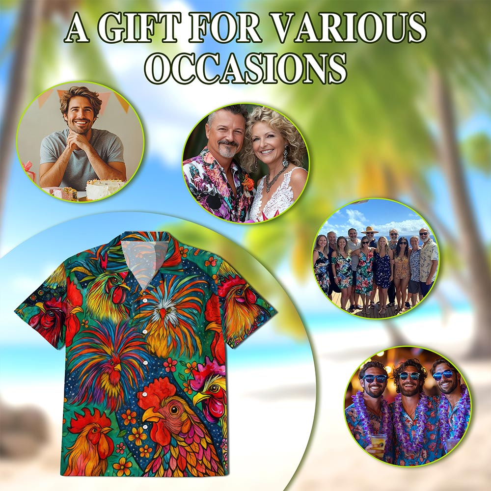 Netecom Colorful Rooster Hawaiian Shirt for Men, Button Down Summer Beach Short Sleeve, S-5XL