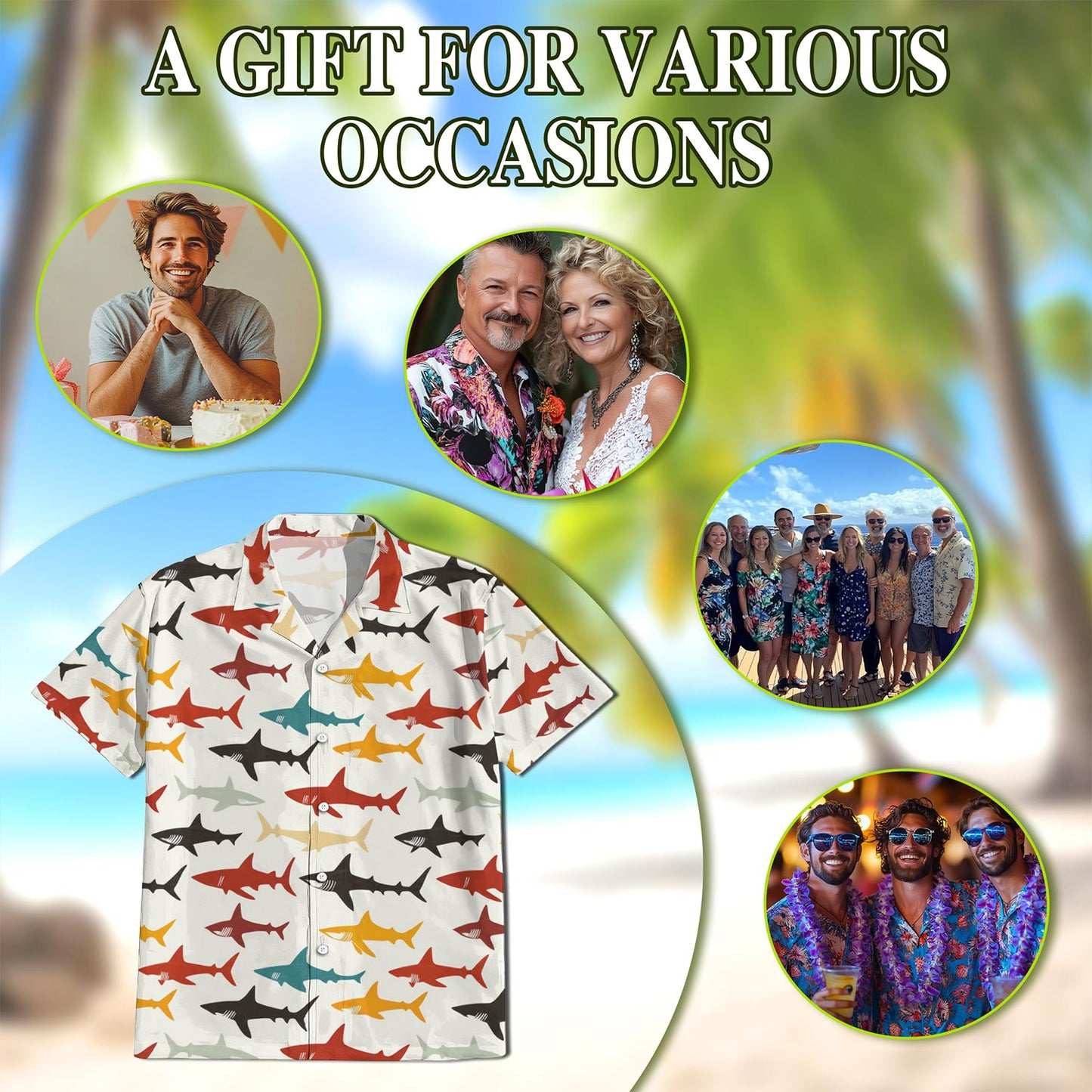 Netecom Colorful Shark Hawaiian Shirt for Men, Vintage Style, Button Down Summer Beach Short Sleeve, S-5XL