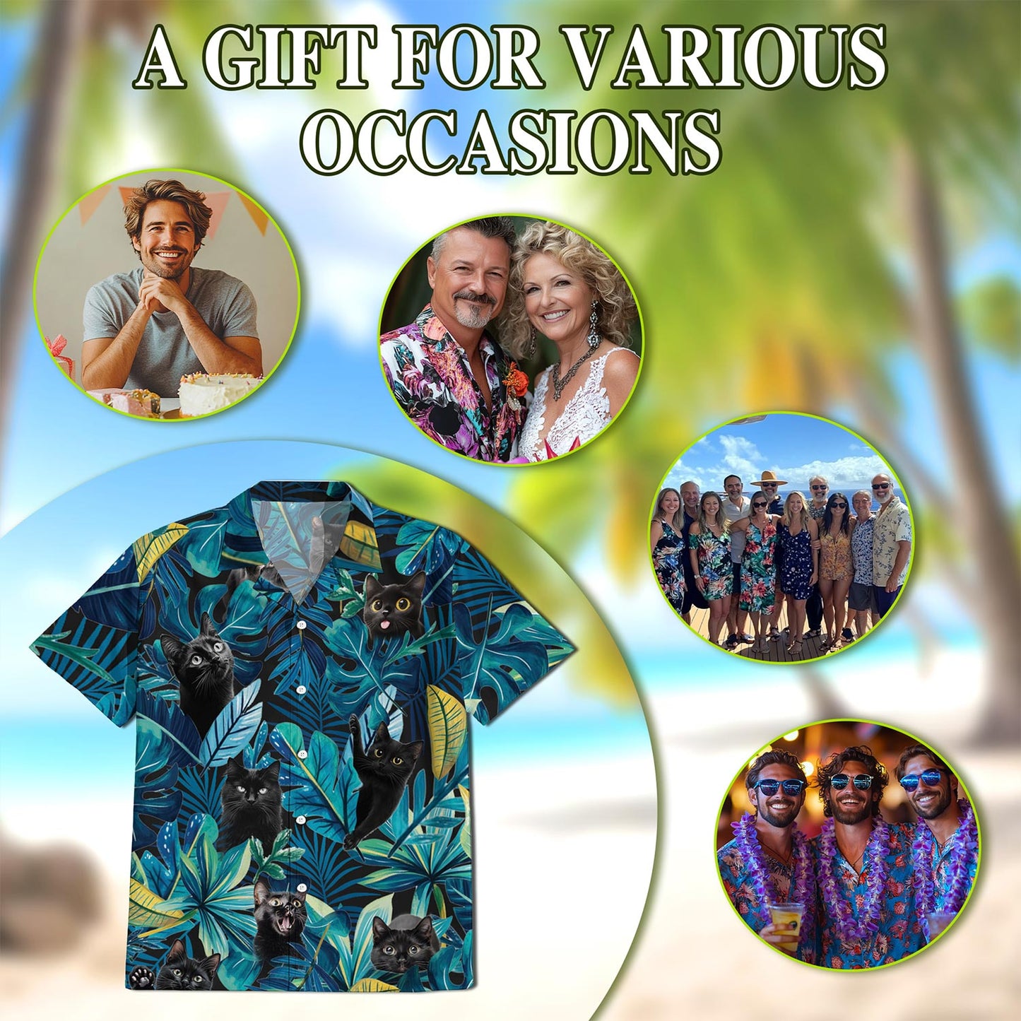 Netecom Cool Black Cat Hawaiian Shirt for Men, Cat Lover Gifts, Floral Style Button Down Summer Beach Short Sleeve, S-5XL