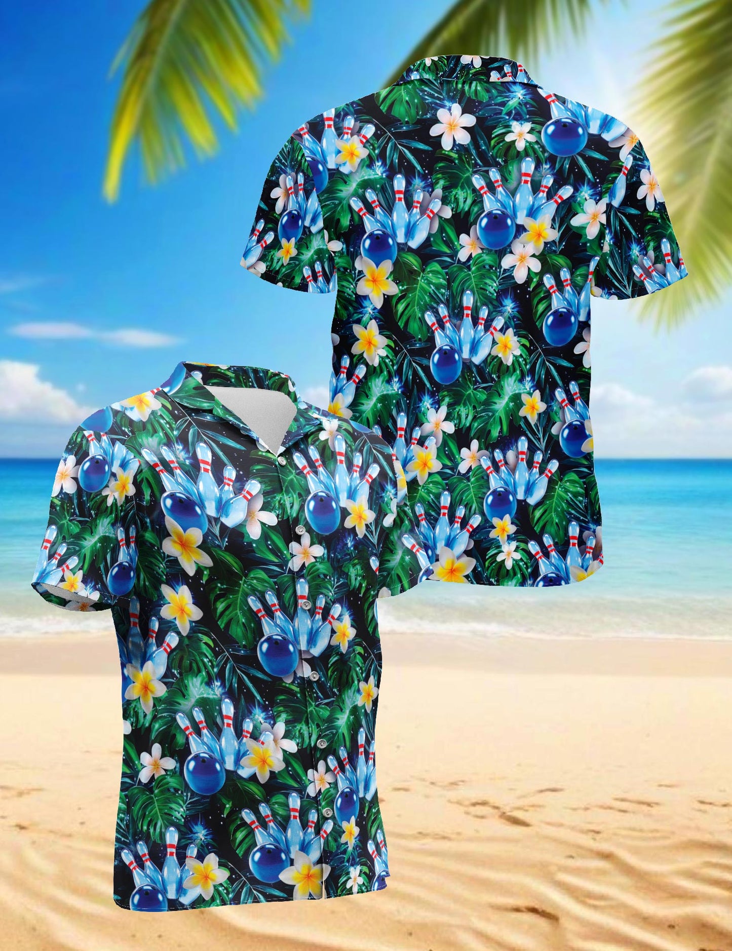 Netecom Cool Plumeria Bowling Hawaiian Shirt for Men, Bowling Ball Sport Bowler Button Down Summer Beach Short Sleeve, S-5XL