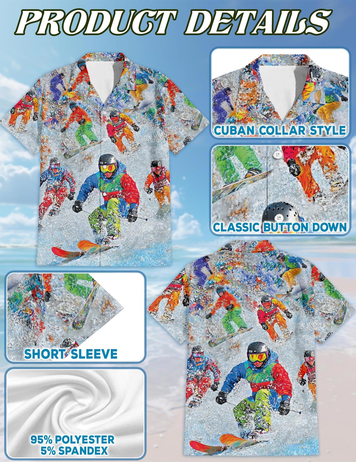 Netecom Cool Snowboard Hawaiian Shirt for Men, Ski Lover Gifts, Mountain Skier Button Down Summer Beach Short Sleeve, S-5XL