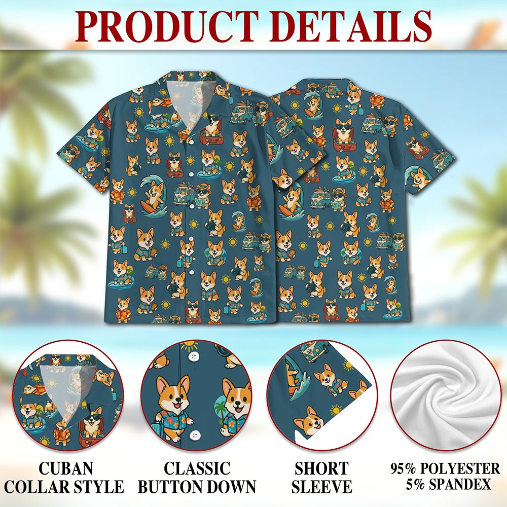 Netecom Corgi Hawaiian Shirt for Men, Tropical Style, Button Down Summer Beach Short Sleeve, S-5XL