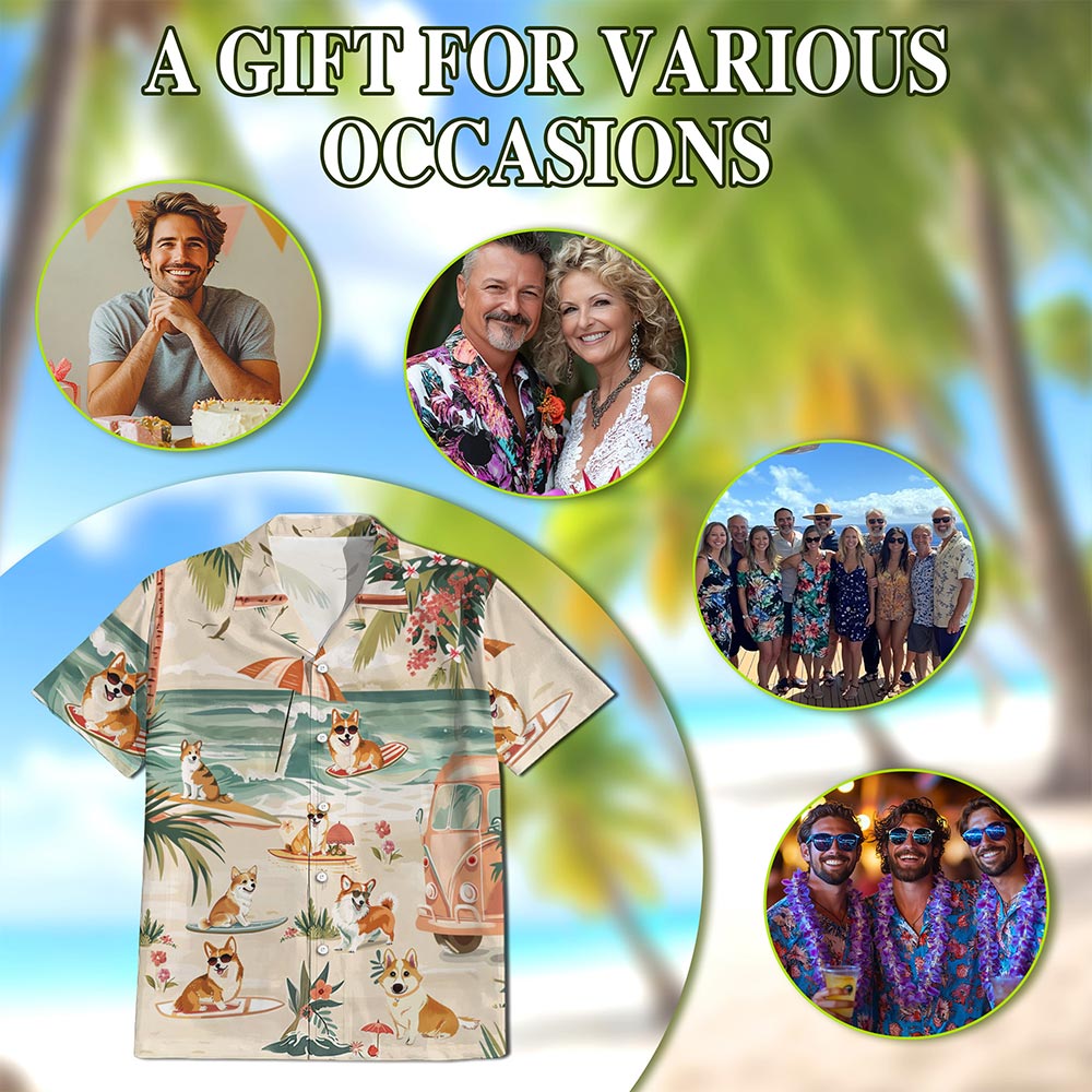 Netecom Corgi Summer Beach Hawaiian Shirt for Men, Button Down Summer Beach Short Sleeve, Corgi Lover Gifts, S-5XL