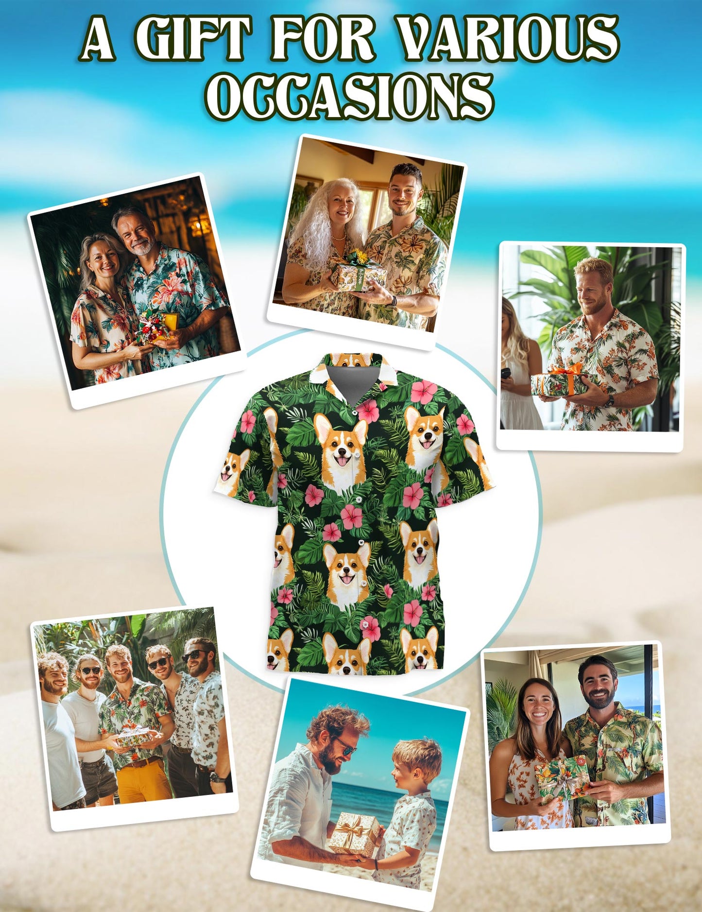 Netecom Corgi Summer Hawaiian Shirt for Men, Button Down Summer Beach Short Sleeve, Tropical Style, Sizes S-5XL