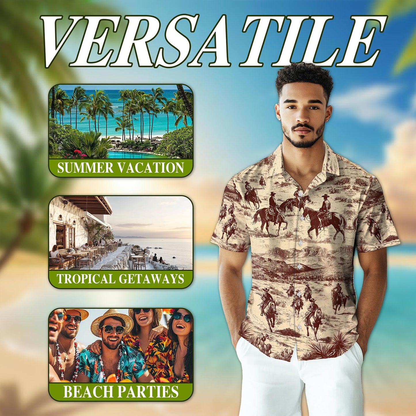 Netecom Cowboy Horse Riding Hawaiian Shirt for Men, Vintage Style, Button Down Summer Beach Short Sleeve, S-5XL