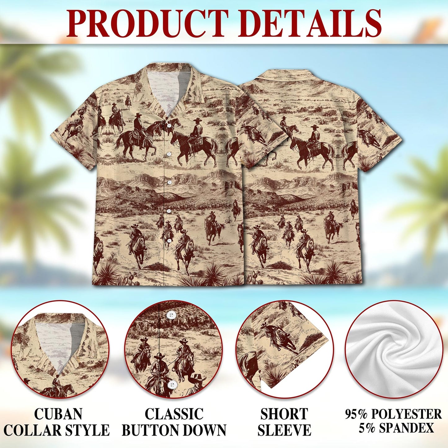 Netecom Cowboy Horse Riding Hawaiian Shirt for Men, Vintage Style, Button Down Summer Beach Short Sleeve, S-5XL