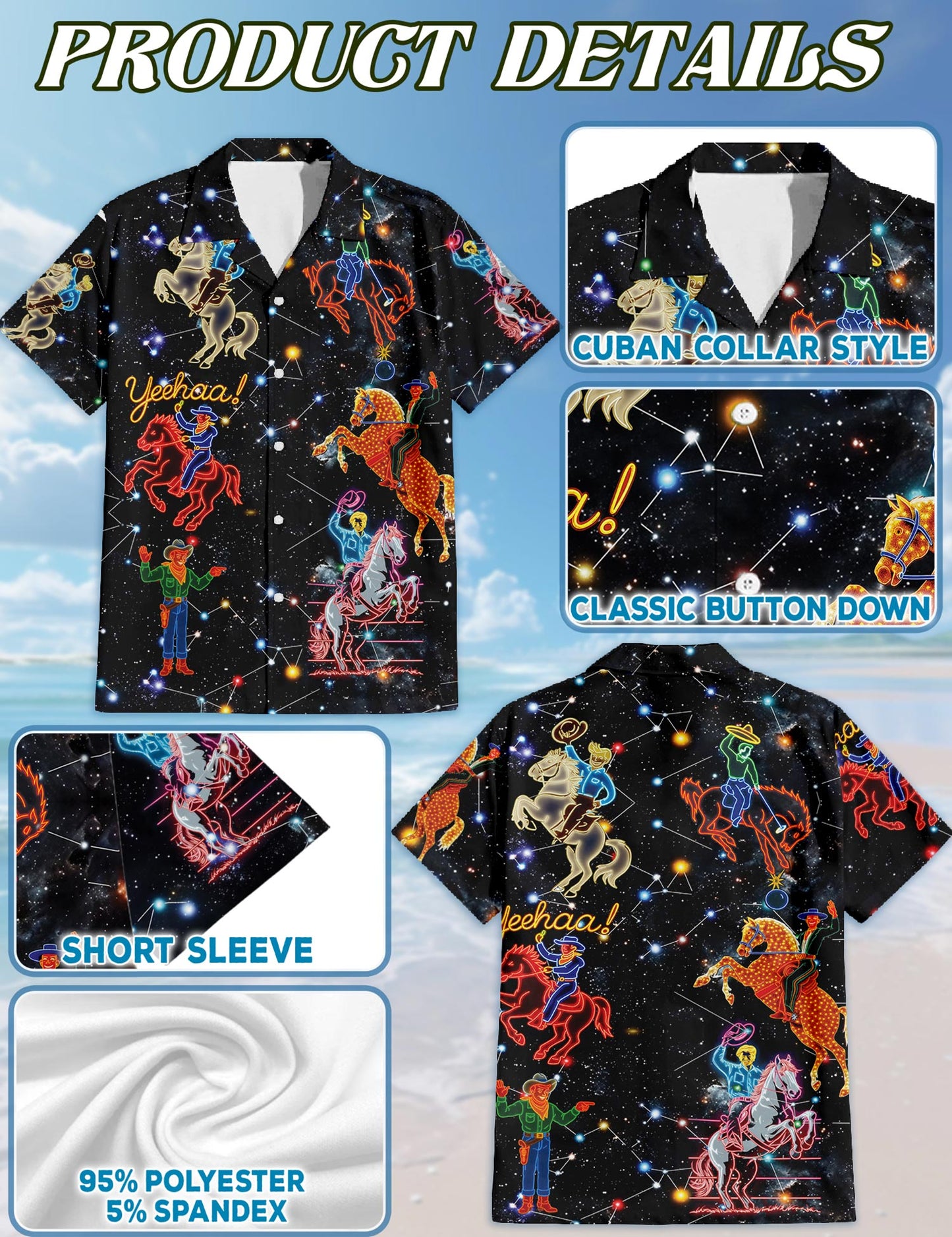 Netecom Cowboy Neon Love Life Hawaiian Shirt for Men, Western Style, Button Down Summer Beach Short Sleeve, S-5XL