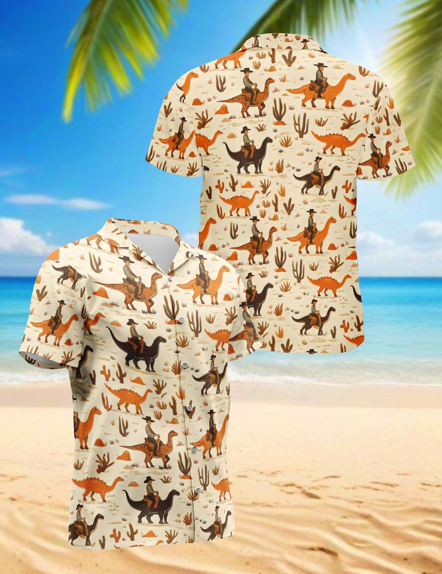 Netecom Cowboy Riding Dinosaur Hawaiian Shirt for Men, Funny Style, Button Down Summer Beach Short Sleeve, S-5XL