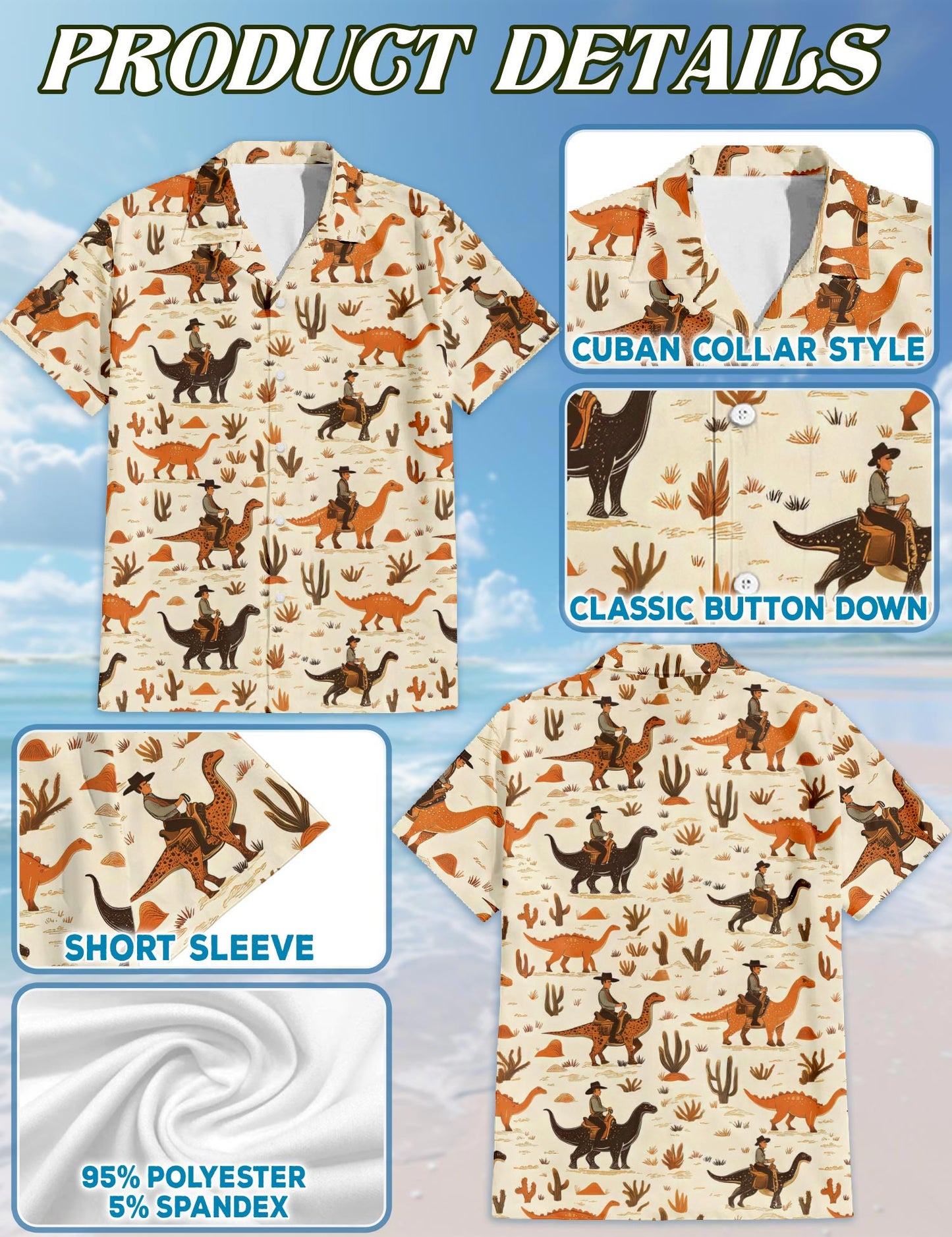 Netecom Cowboy Riding Dinosaur Hawaiian Shirt for Men, Funny Style, Button Down Summer Beach Short Sleeve, S-5XL
