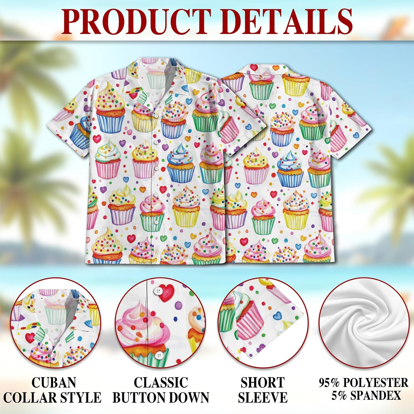 Netecom Cupcake Pattern Hawaiian Shirt for Men, Button Down Summer Beach Short Sleeve, Retro Style, Sizes S-5XL