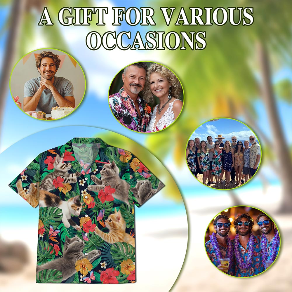 Netecom Cute Kitten Hawaiian Shirt for Men, Tropical Style, Button Down Summer Beach Short Sleeve, S-5XL