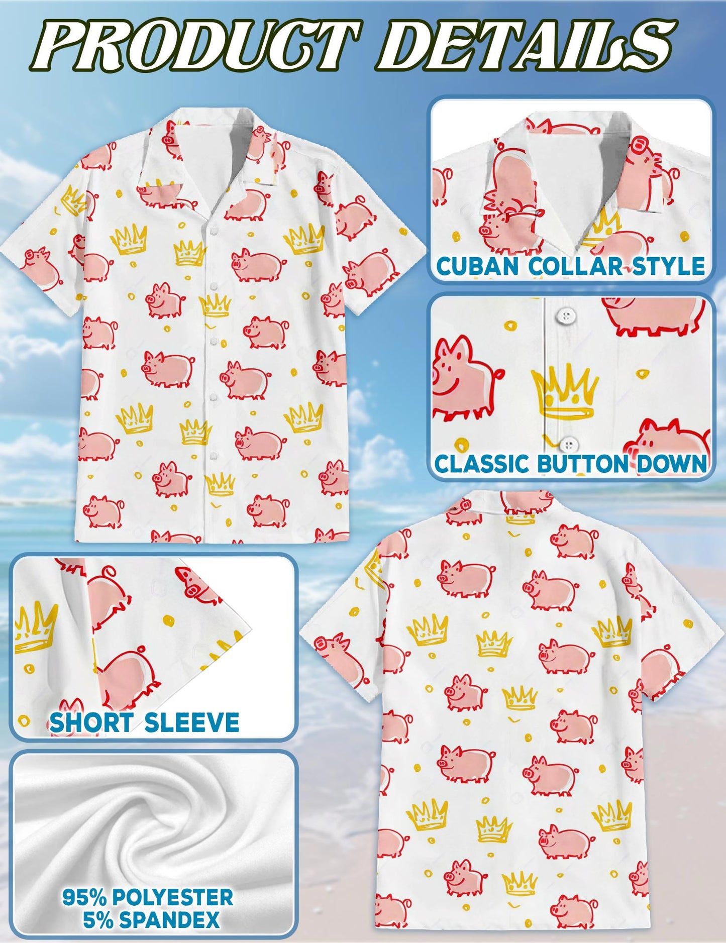 Netecom Cute Pig Hawaiian Shirt for Men, Vintage Style, Button Down Summer Beach Short Sleeve, S-5XL