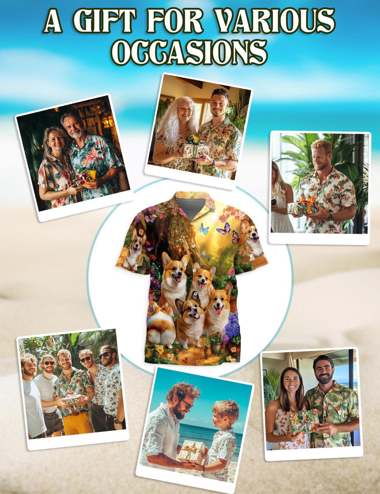 Netecom Cute Sunshine Corgi Dog Hawaiian Shirt for Men, Funny Style, Button Down Summer Beach Short Sleeve, S-5XL