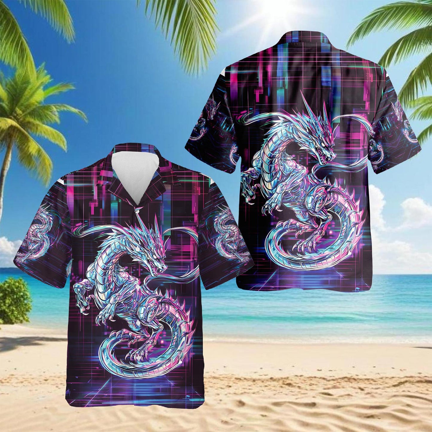 Netecom Cyberpunk Dragon Hawaiian Shirt for Men, Button Down Summer Beach Short Sleeve, S-5XL