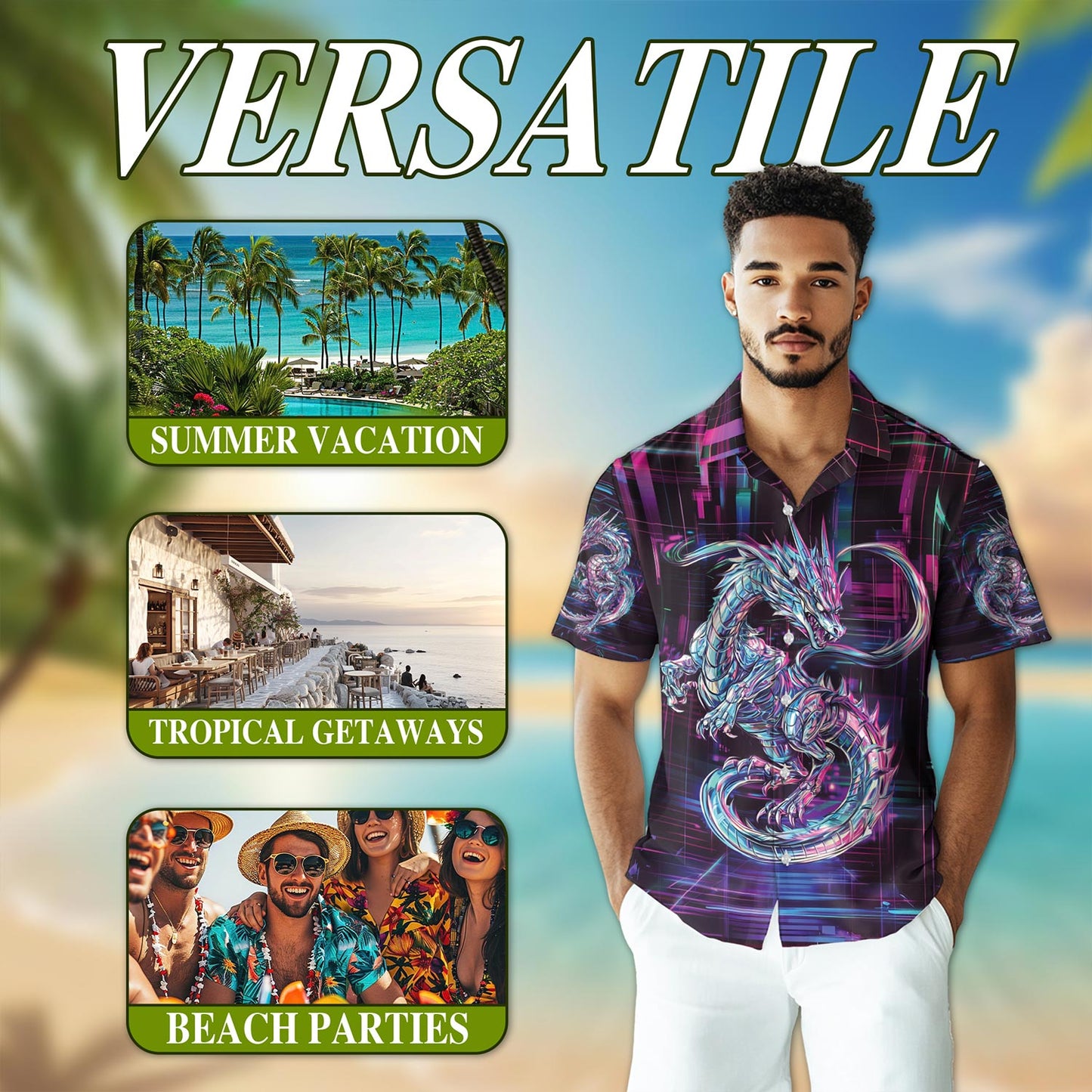 Netecom Cyberpunk Dragon Hawaiian Shirt for Men, Button Down Summer Beach Short Sleeve, S-5XL