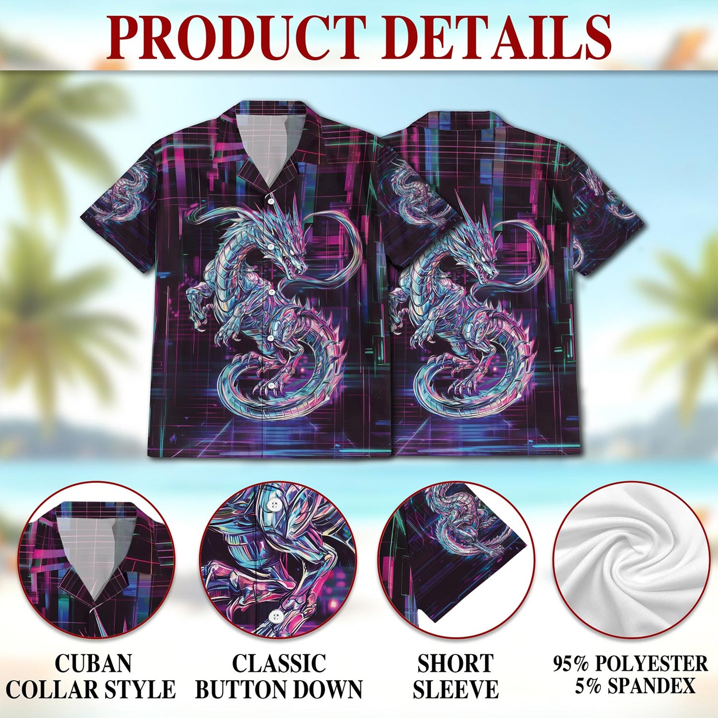 Netecom Cyberpunk Dragon Hawaiian Shirt for Men, Button Down Summer Beach Short Sleeve, S-5XL