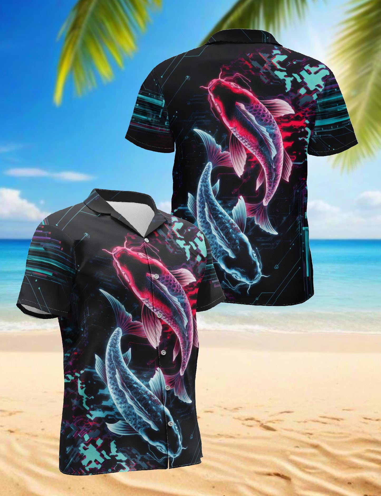 Netecom Cyberpunk Koi Fish Hawaiian Shirt for Men, Cyberpunk Style, Button Down Summer Beach Short Sleeve, Sizes S-5XL