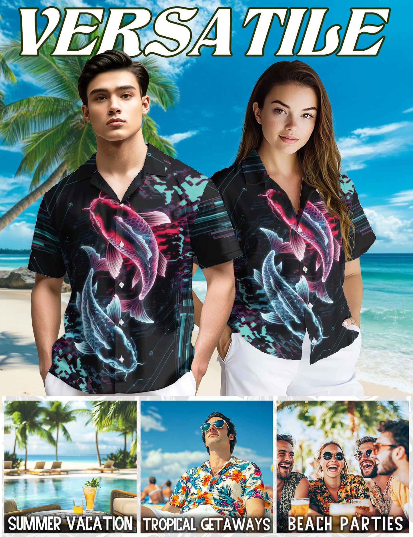 Netecom Cyberpunk Koi Fish Hawaiian Shirt for Men, Cyberpunk Style, Button Down Summer Beach Short Sleeve, Sizes S-5XL