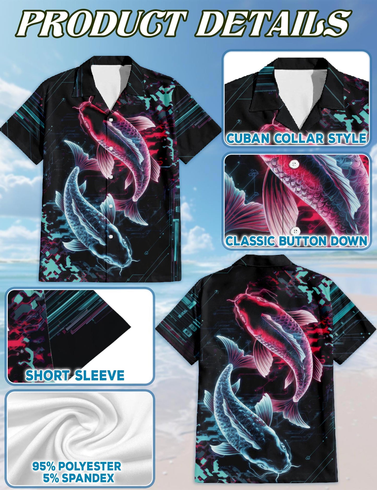 Netecom Cyberpunk Koi Fish Hawaiian Shirt for Men, Cyberpunk Style, Button Down Summer Beach Short Sleeve, Sizes S-5XL
