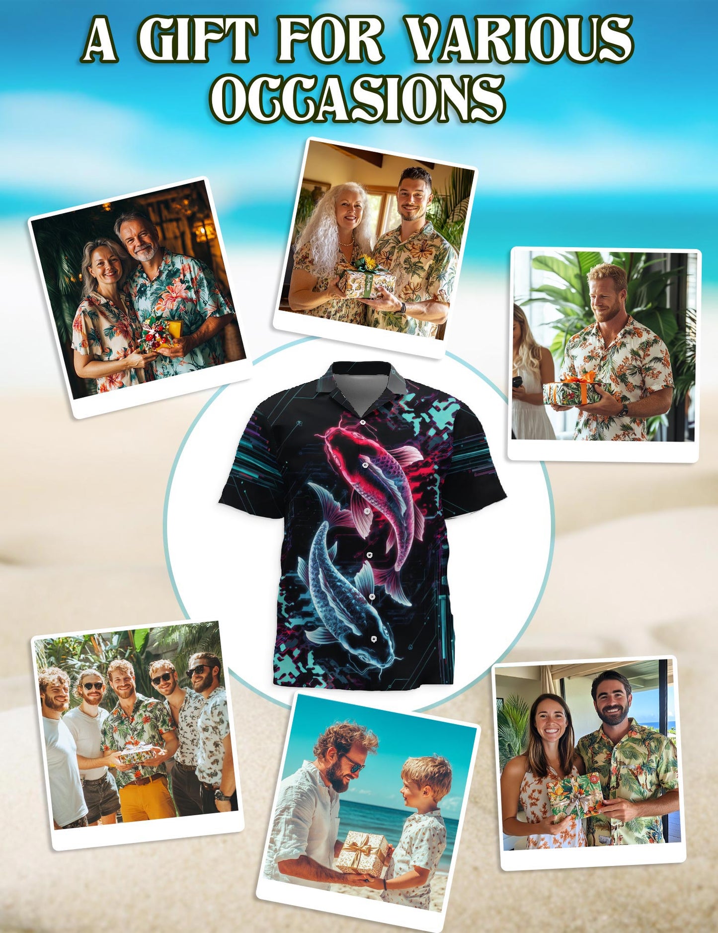 Netecom Cyberpunk Koi Fish Hawaiian Shirt for Men, Cyberpunk Style, Button Down Summer Beach Short Sleeve, Sizes S-5XL