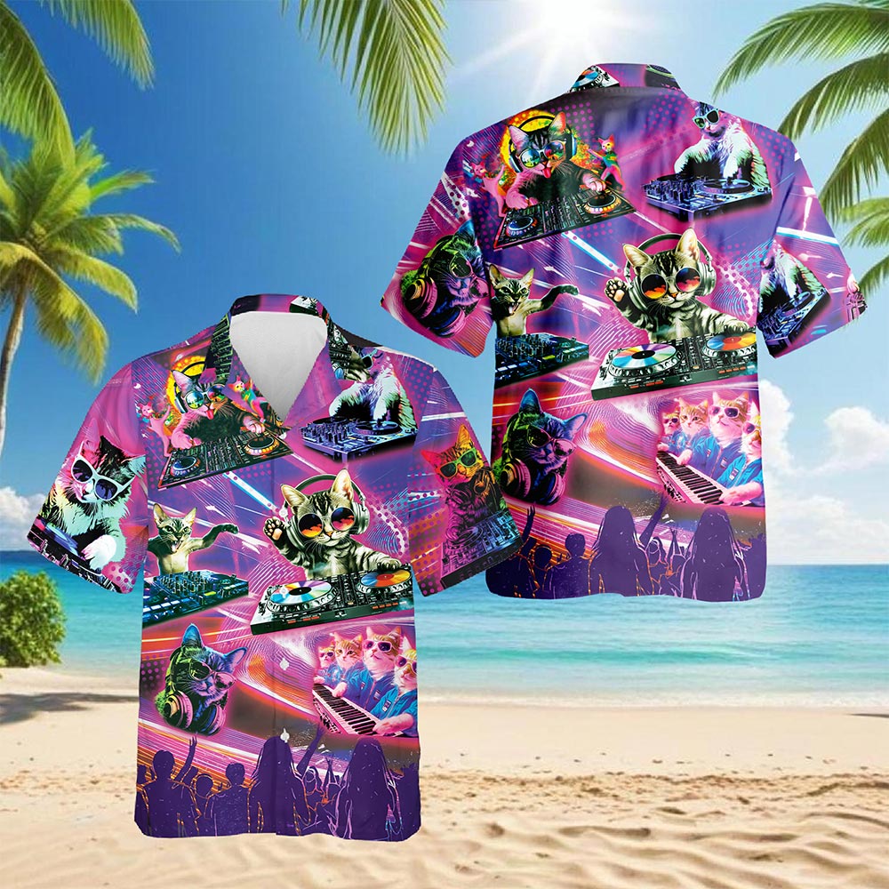 Netecom DJ Cat Cool Neon Hawaiian Shirt for Men, Funny Style, Button Down Summer Beach Short Sleeve, S-5XL
