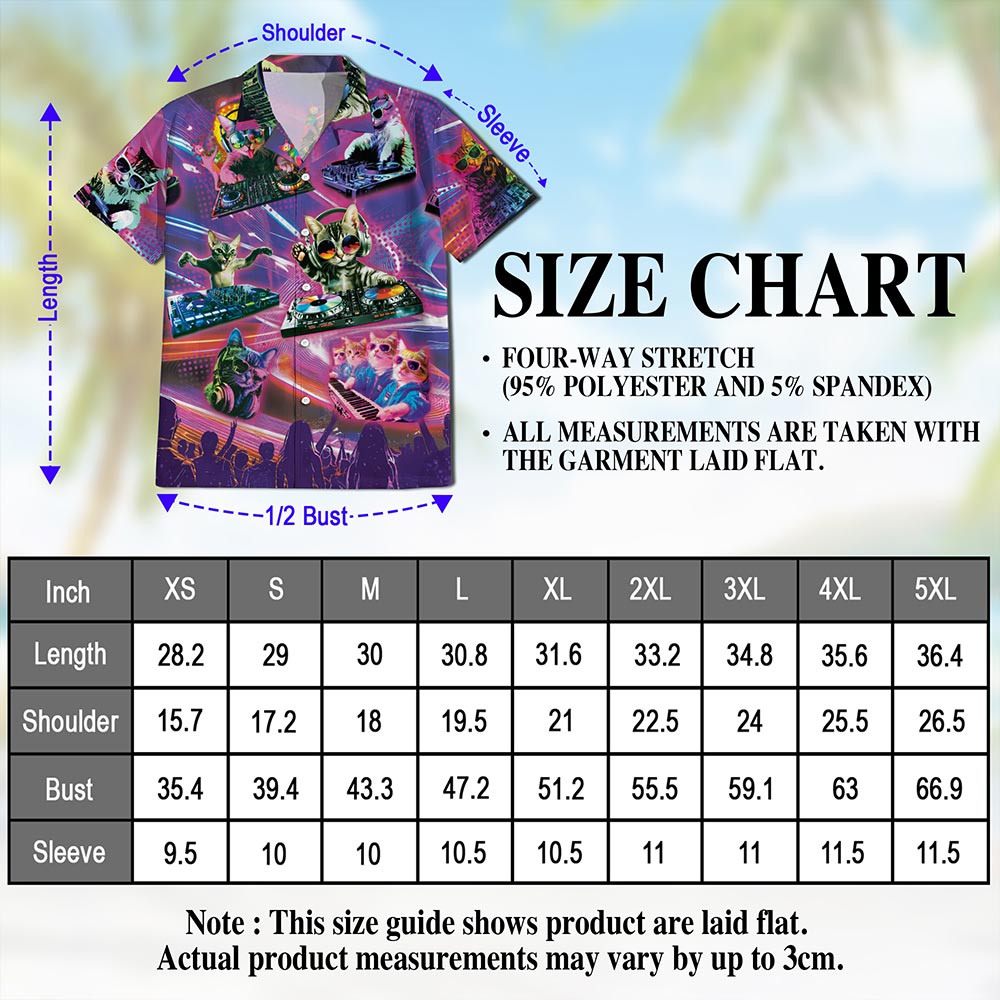 Netecom DJ Cat Cool Neon Hawaiian Shirt for Men, Funny Style, Button Down Summer Beach Short Sleeve, S-5XL