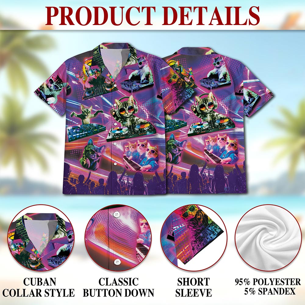 Netecom DJ Cat Cool Neon Hawaiian Shirt for Men, Funny Style, Button Down Summer Beach Short Sleeve, S-5XL